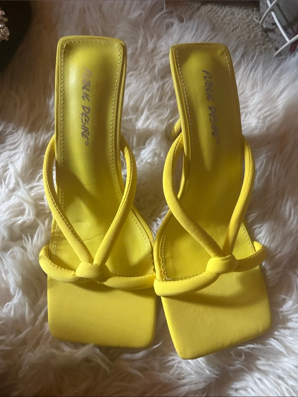 Public Desire Yellow Knotted Strap Square-Toe Heeled Slides